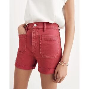 Madewell High-Rise Denim Shorts Garment-Dyed Edition red raw edge cuff J0527